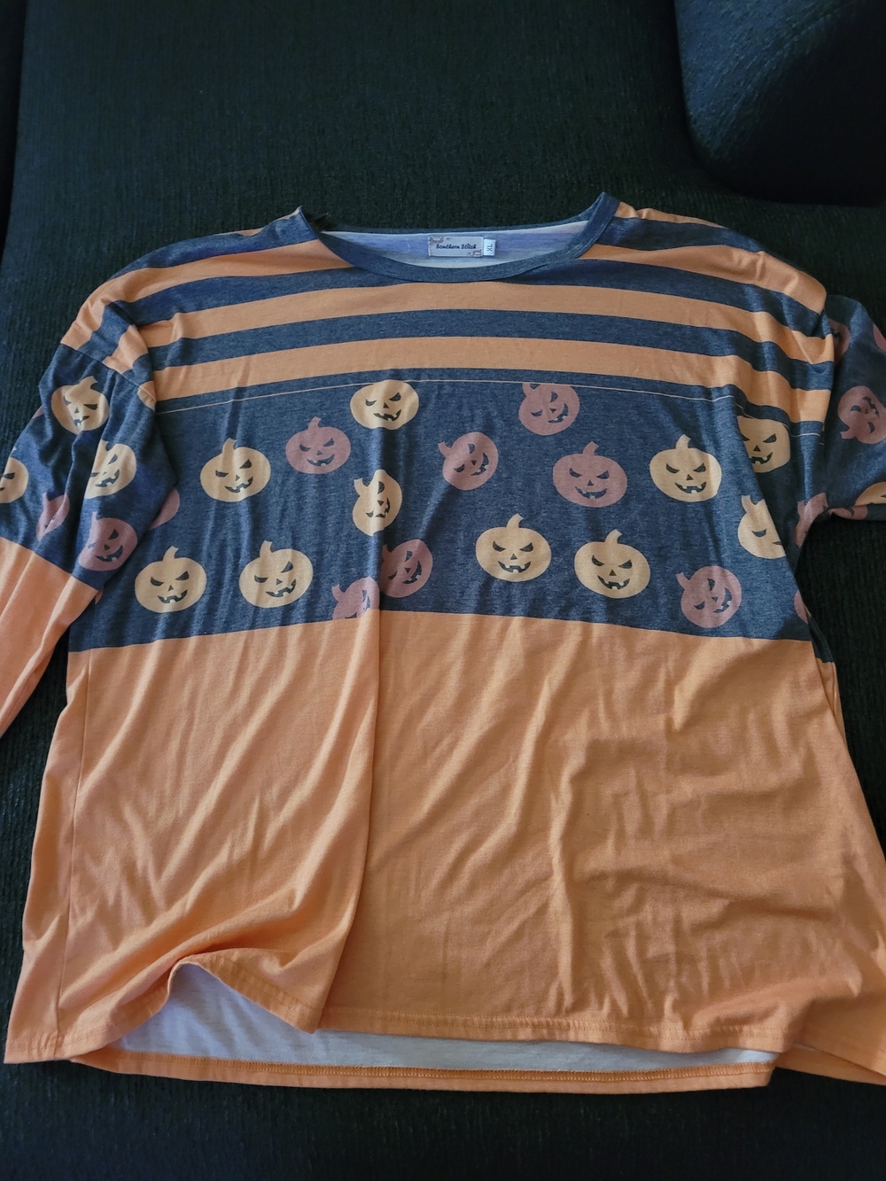 Halloween Pumpkin Stripe Long Sleeve Tee - Orange & Gray -